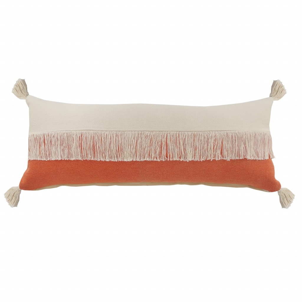 HomeRoots 14" X 36" Orange And Off-White 100% Cotton Zippered Pillow