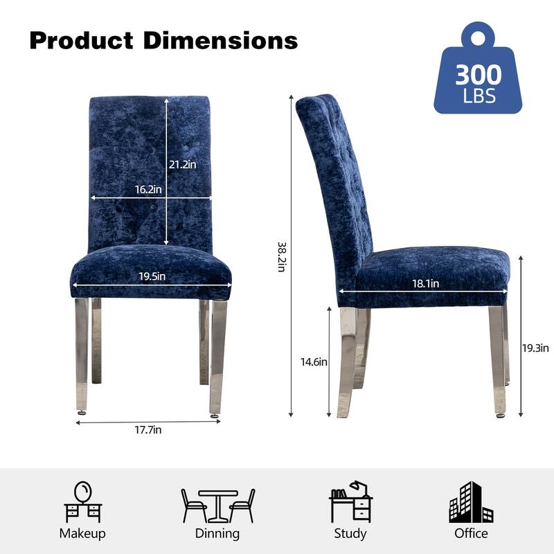 Set of 2 Modern Dining Chairs with Plush Velvet Upholstery & Sturdy Stainless Steel Legs - Deep Blue