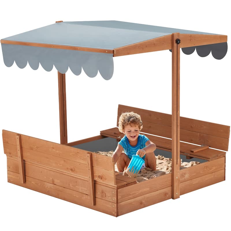 EROMMY Kids Wooden Sandbox with 2 Foldable Bench Seats and Adjustable Canopy Roof