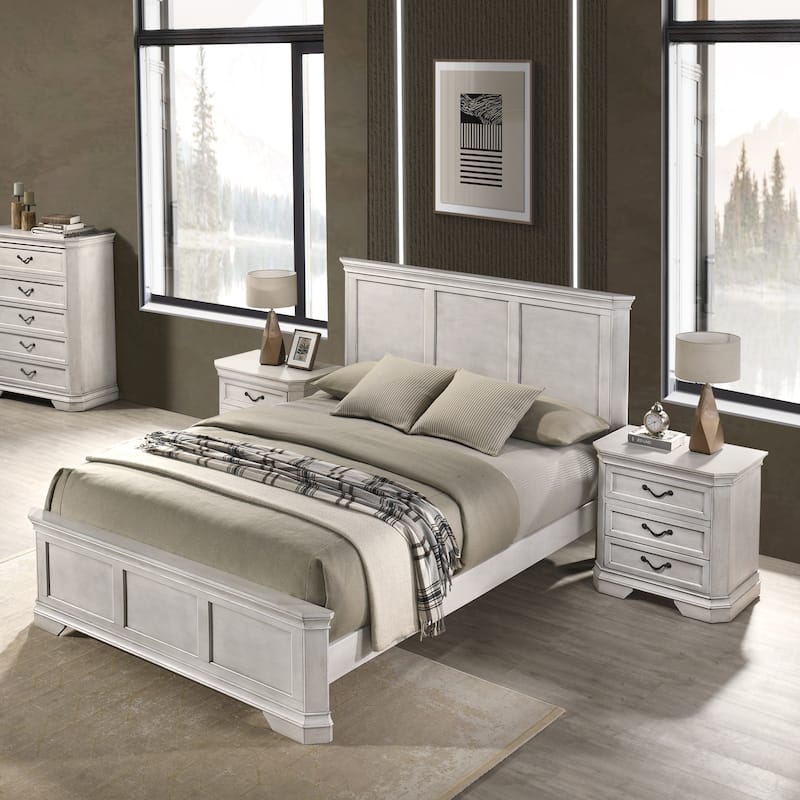 Roundhill Furniture Maderne 3-Piece Wood Bedroom Set, Panel Bed and Two Nightstands
