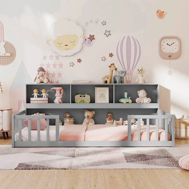 Pine Wood Twin Montessori Floor Bed with Bookshelf and Safety Rails