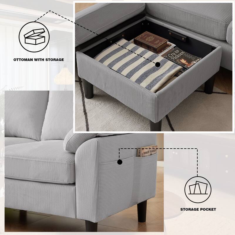 4 Pieces Corduroy Living Room Sets with Sofa, Ottoman and Loveseat