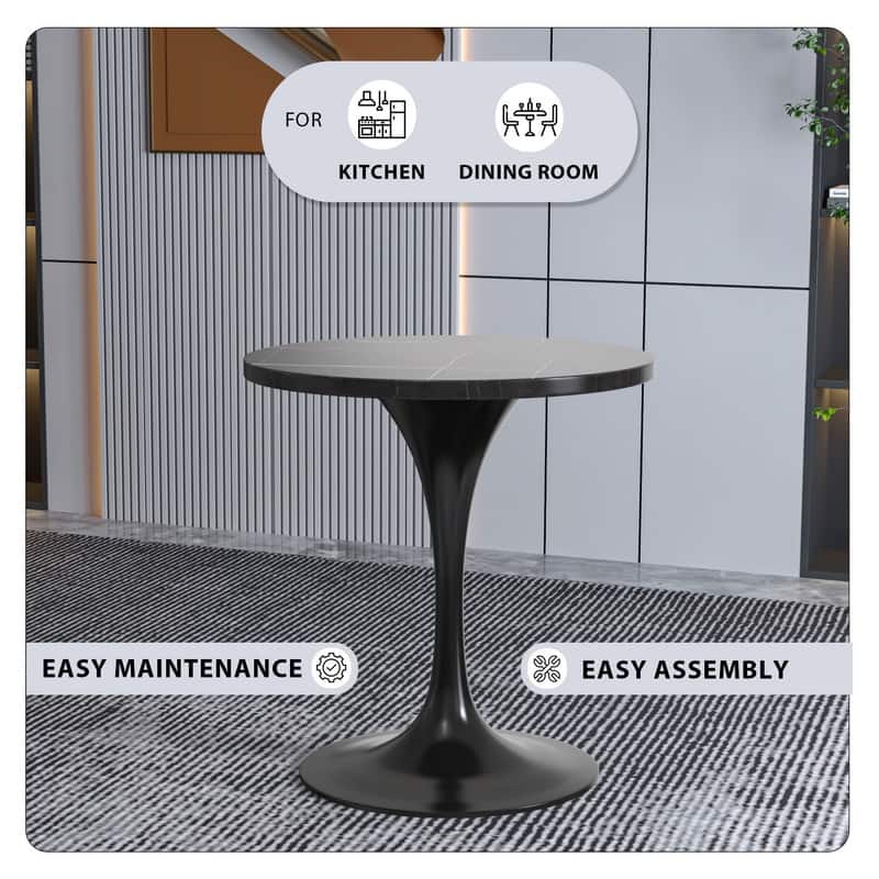 LeisureMod Verve 27" Round Dining Table with Sintered Stone TableTop and Black Steel Base for Kitchen & Dining Room - 27.56