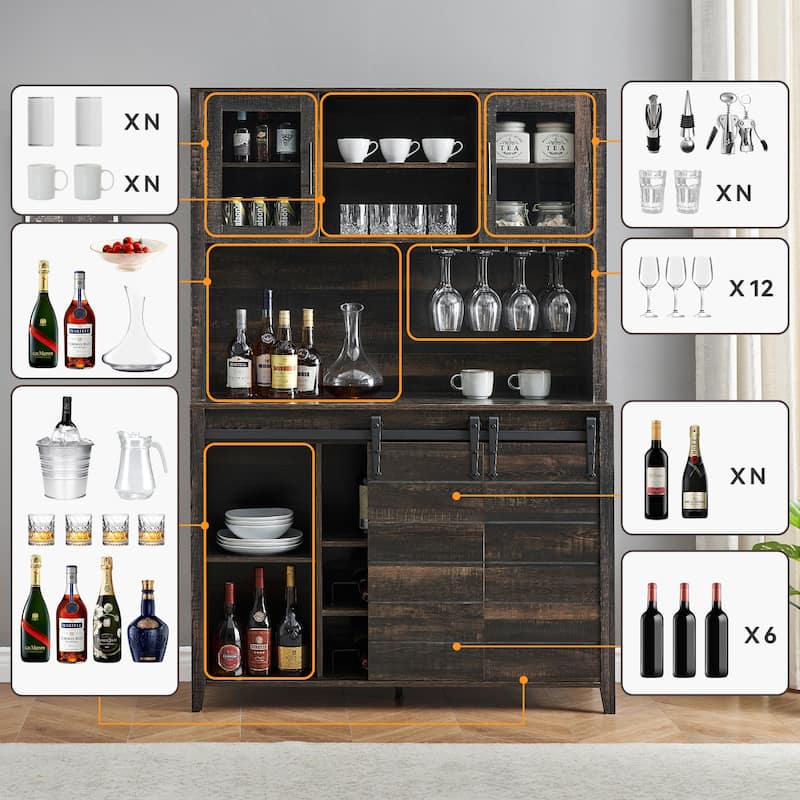Farmhouse Wine Cabinet Kitchen Buffet with Wine Rack - 15.7"D x 47.2"W x 69.6"H