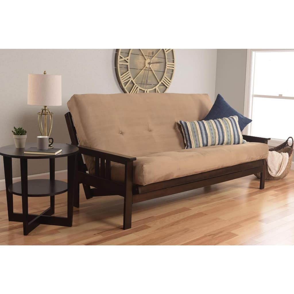 Monterey Queen Futon Frame with Espresso Finish and Suede Peat Mattress - Modern Convertible Sleeper