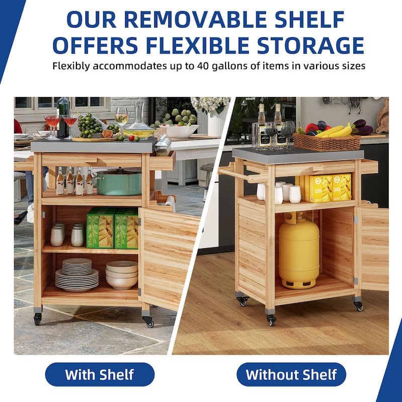 Moasis Solid Wood Grill Cart Outdoor Storage Cabinet Patio Bar Cart with Stainless Steel Top and Lockable Wheels