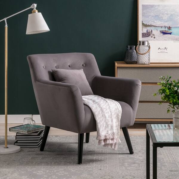 slide 1 of 9, Mid-Century Modern Tufted Back Accent Chairs Armchair with Pillow and Solid Wood Legs for Living Room Gray
