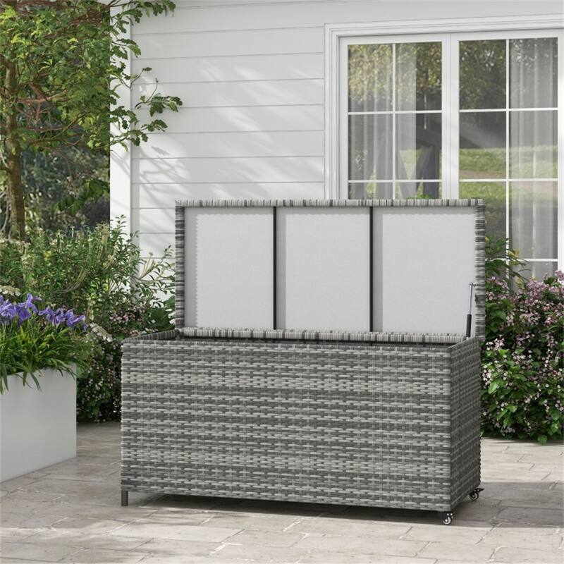 Grey 83 Gallon Large Outdoor Storage Box with Galvanized Steel Frame and PE Rattan for Patio - 47.75" L x 22.5" W x 26.5" H