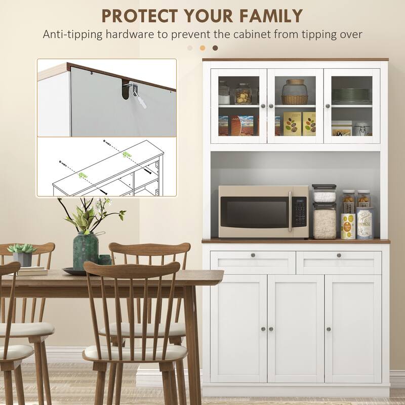 White 2 Drawers Kitchen Pantry Cabinet with Glass Doors 8 Compartments and Adjustable Shelves - 39.4" W x 15.7" D x 70.9" H