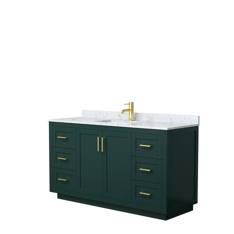 Miranda Single Vanity Set, White Carrara Marble Top, No Mirror - 60-Inch Single - Green, Gold Trim, White Carrara Marble Top