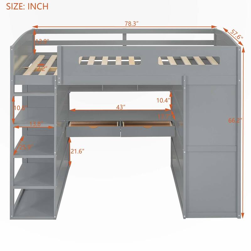 Full Size Loft Bed with Desk and Wardrobes
