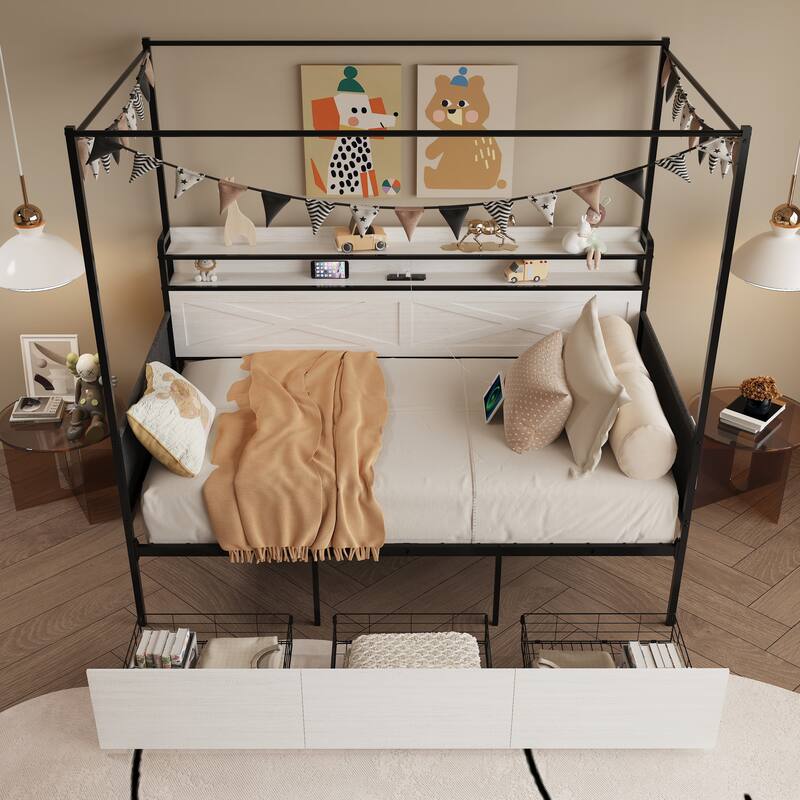 Modern Twin-size Bed with 3 Under-bed Storage Drawers, LED Lights and a Charging Station