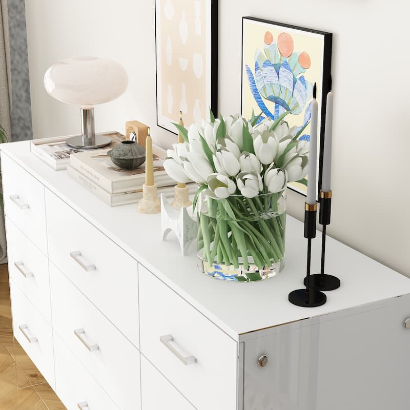 Dresser Chest of 9 Drawers Triple Dresser with Glass Legs White