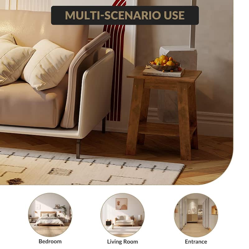 , Rustic Side Table with Storage Shelf, Small Center Table