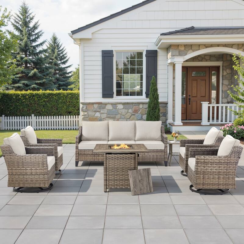 Pocassy 7-Piece Fire Pit Table w/ Sofa Swivel Chair - Beige Cushion Gray Wicker - 7-Piece Fire Pit Table w/ Sofa Swivel Chair