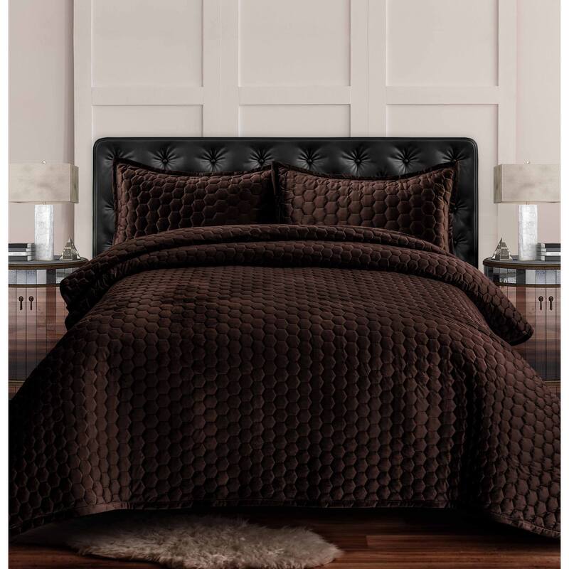 Lugano Honeycomb Velvet Oversized Solid Quilt Set - Chocolate - King
