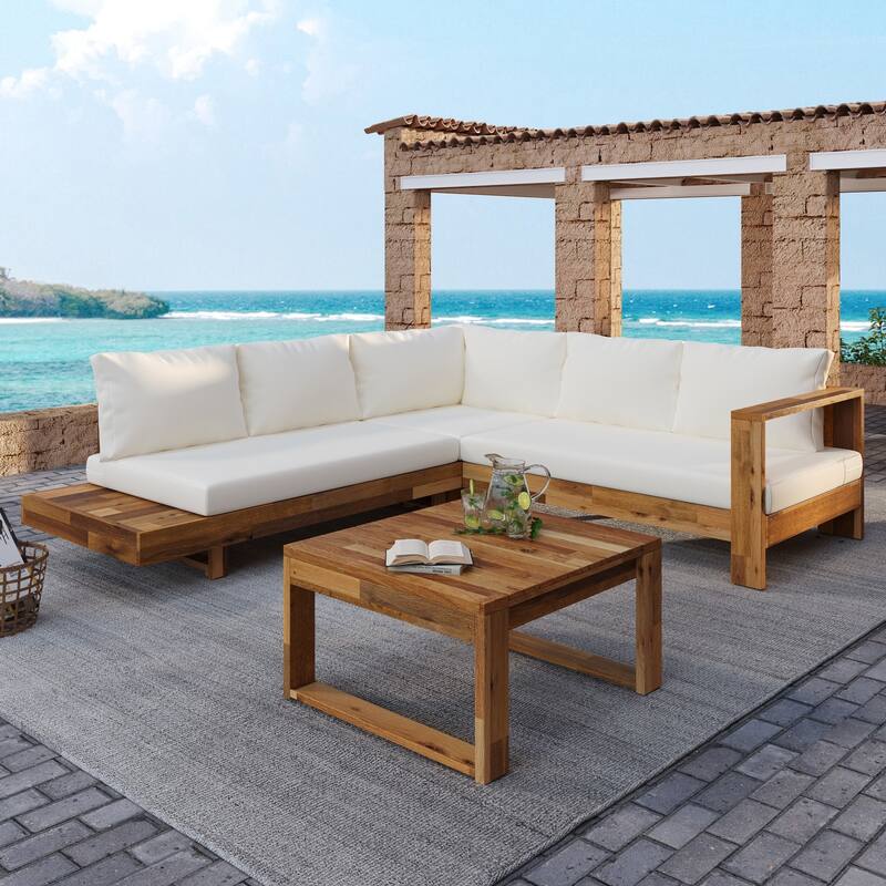4-Piece Acacia Wood Outdoor Sectional Patio Sofa Set with Cushions and Coffee Table, Natural Slatted Design