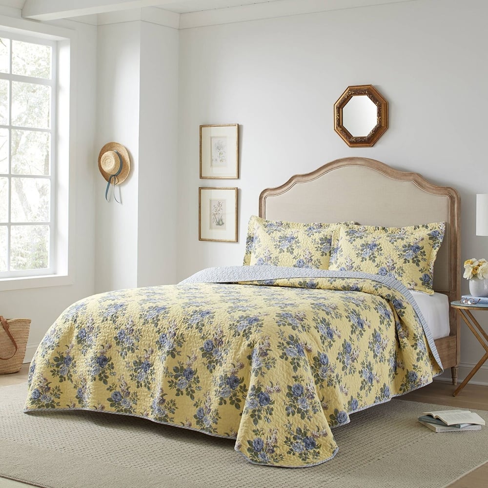 Twin Floral Quilt Set Reversible Natural Breathable Yellow Blue Bed Bath & Beyond 39050537