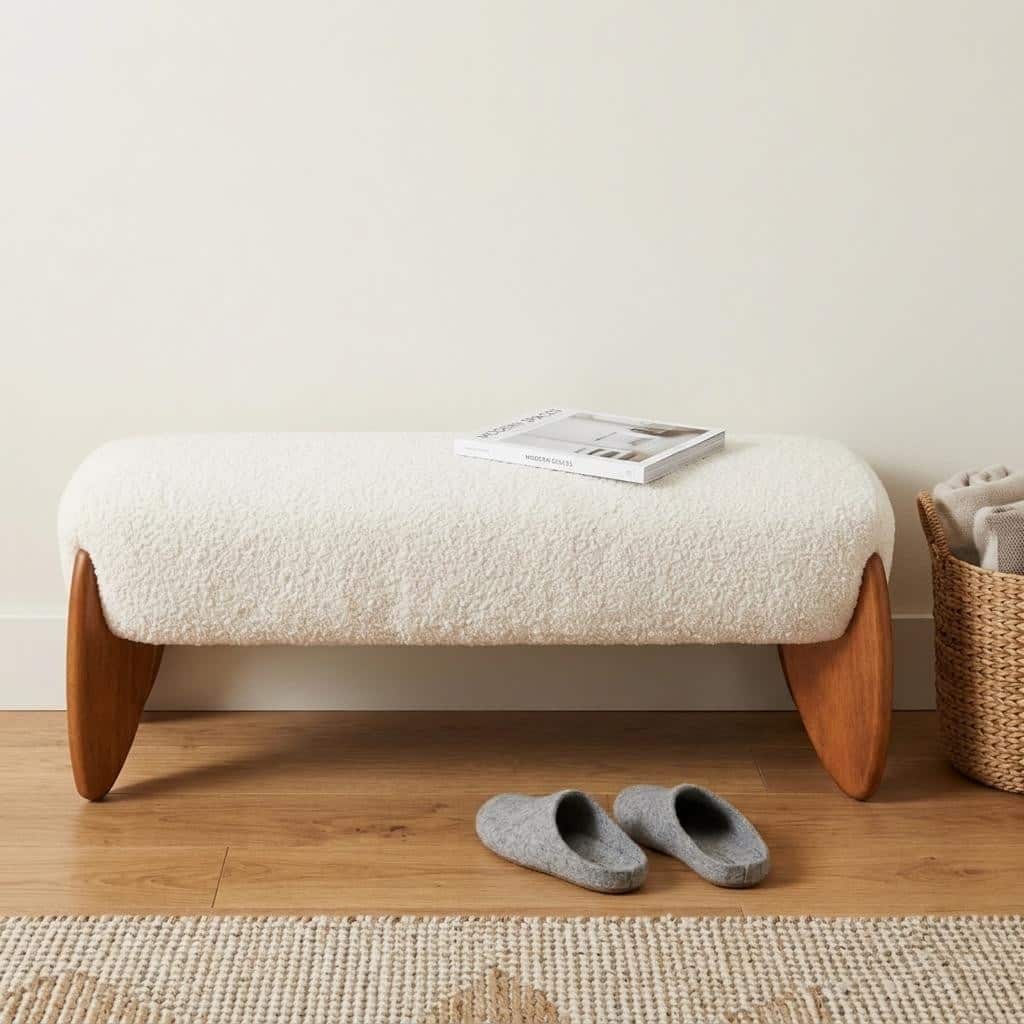 HomeRoots 50" Ivory and Brown Boucle and Solid Wood Upholstered Bench - 50.00 in. x 17.70 in. x 18.30 in.