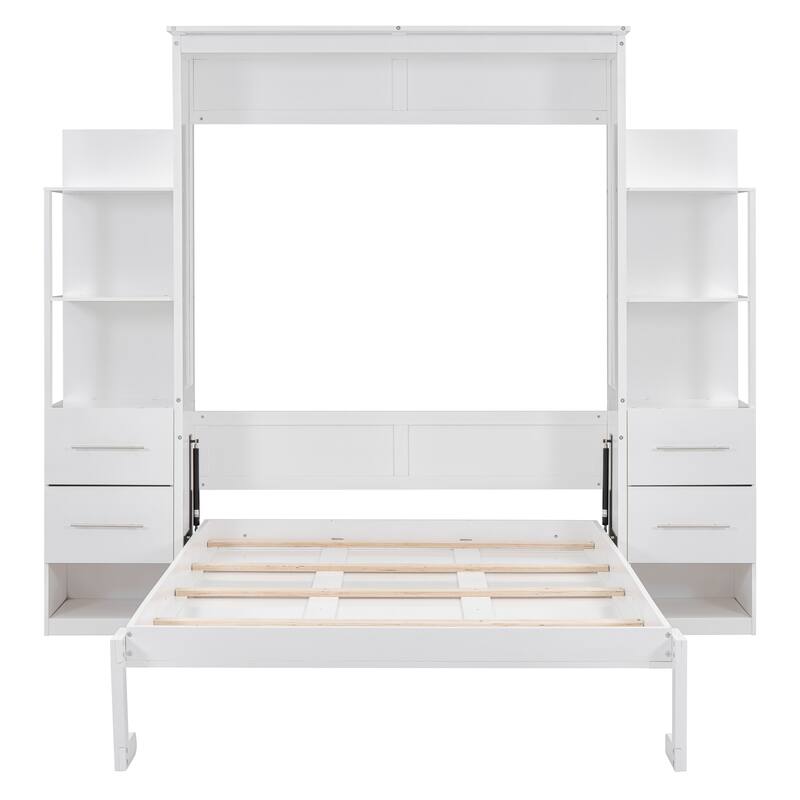 Space-Saving White Murphy Bed with Shelves, Drawers & LED Lights for Multi-Functional Rooms