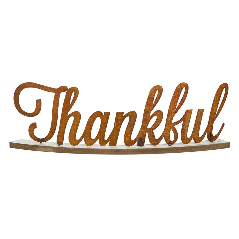 Glitzhome 20"L THANKFUL Word Sign Wooden Table Decor for Fall Thanksgiving