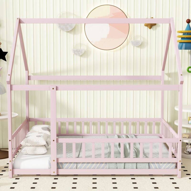 Full Size House Floor Wooden Bed with Roof Frame, Safety Guardrails