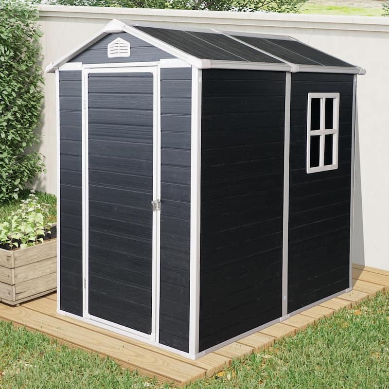 4 ft x 6 ft Outdoor Plastic Storage Shed with Floor,Black - Black