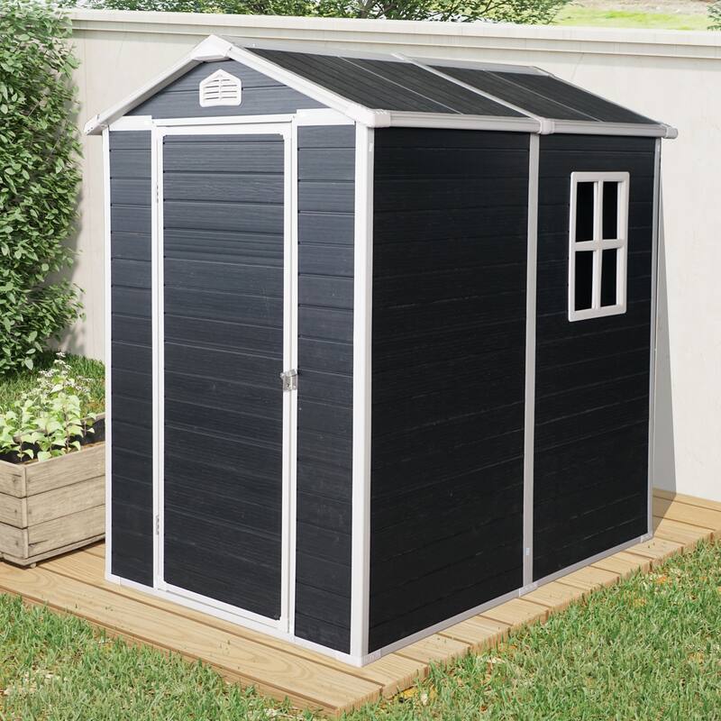 GDF Studio - Lyman Outdoor Resin Storage Shed with Floor, Window, and Lockable Single Door - Black