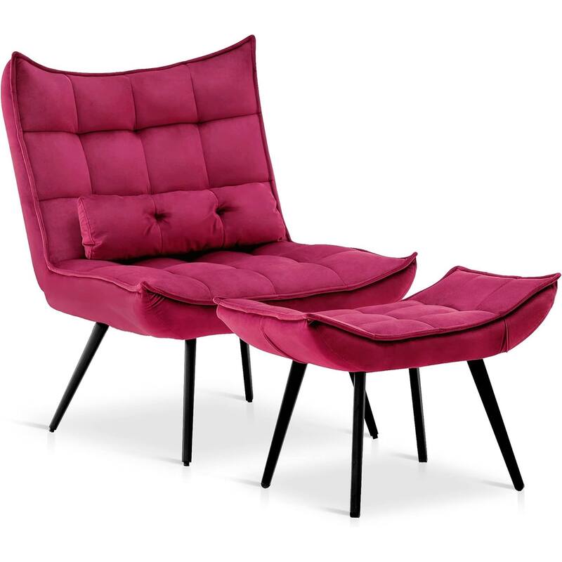 Mcombo Accent Chair with Ottoman, Velvet Tufted Wingback Chair, Upholstered Chairs with Metal Legs for Bedroom Living Room 4079