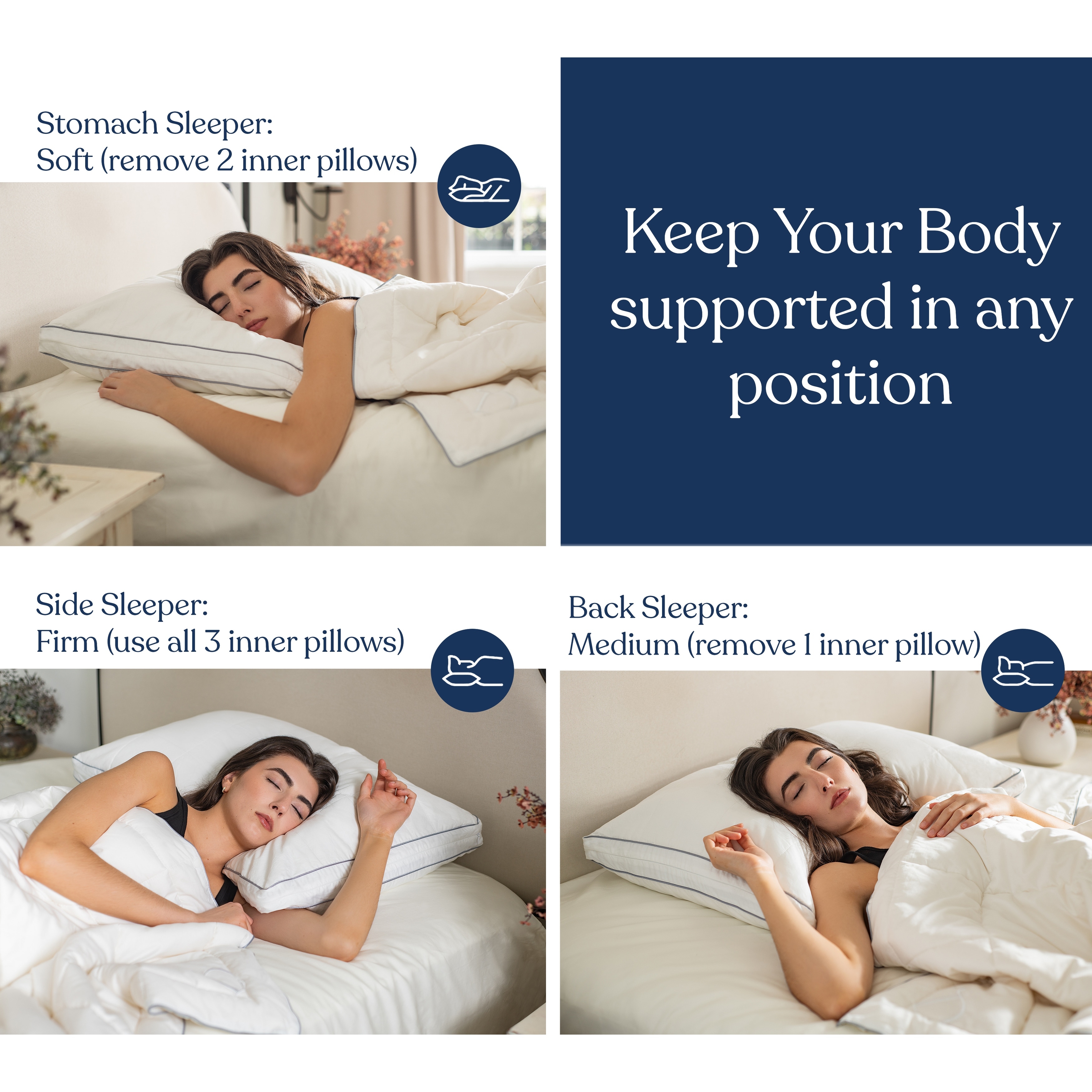 Delara Merino Wool Quilted 3in1 Adjustable Pillow Organic Cotton Cover Baffle Box Construction Sleep Pillow King