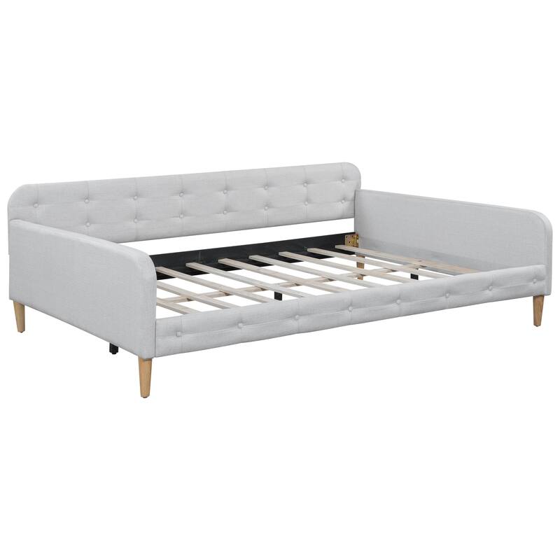 Elegant Style Linen Fabric Daybed, Upholstered Tufted Button Platform Sofa Bed Frame with 4 Solid Pine Wood Legs
