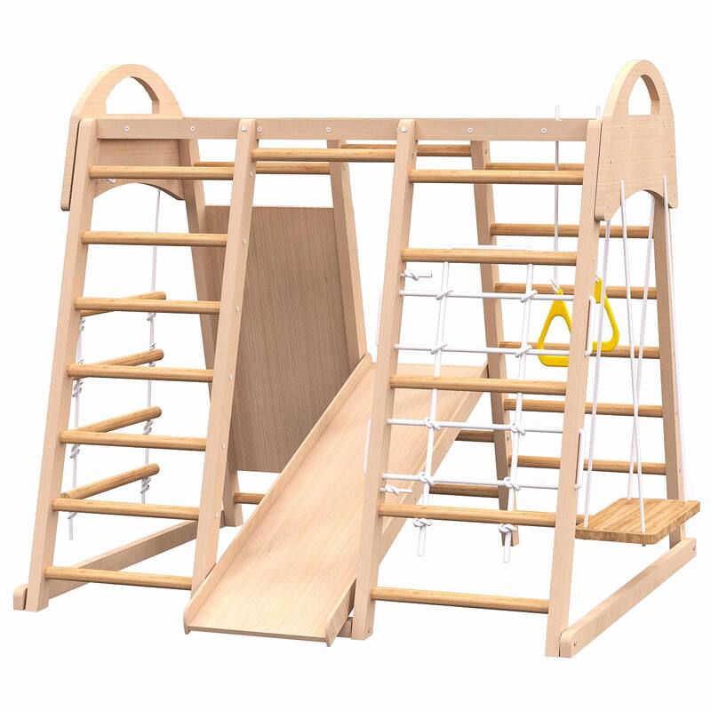 Kids 7-in-1 Natural Wood Indoor Play Gym Safe Playset for Motor Skills and Physical Activity Fun - 55.2”L x 47.3”W x 47.3”H