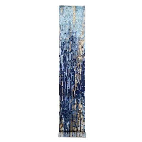 Shahbanu Rugs Blue With A Mix Of Gold Mosaic Design Wool and Silk Hand Knotted Oriental XL Runner Rug (2'7" x 19'7")