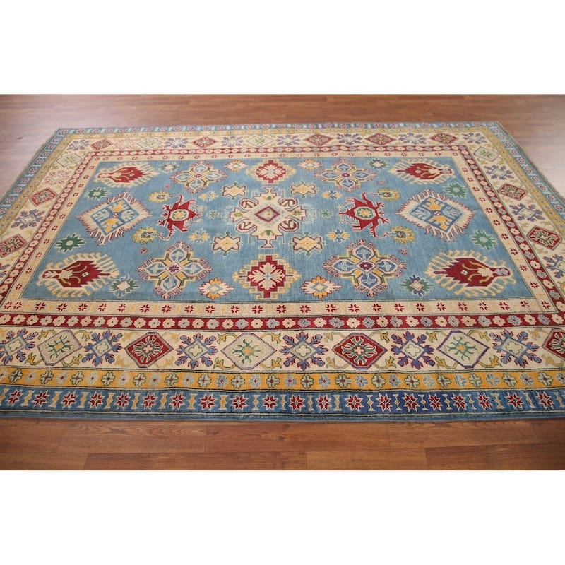 Hand Knotted Oriental 100% Wool Carpet Traditional Geometric Navy Blue & Blues Kazak Area Rug - 9' 6'' X 6' 6''