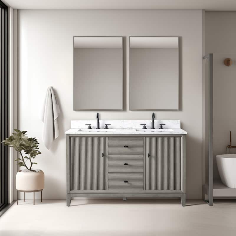 Vanity Art 54" Freestanding Bathroom Vanity with Engineered Marble Top and Sinks - 54"/Matte Black - Driftwood Gray