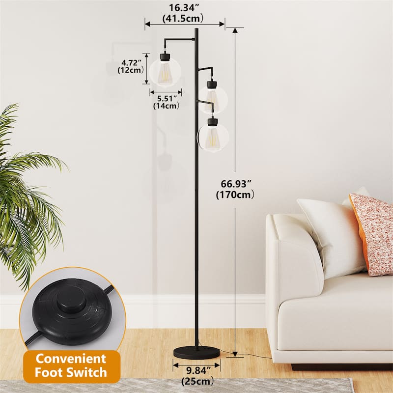 67" Tree-Shaped Living Room Floor Lamp with 3 Lights, Glass Lampshade and Foot Switch