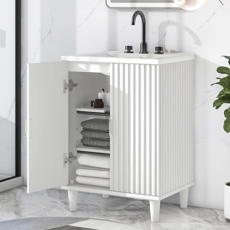 24" Bathroom Vanity with Sink, Bathroom Vanity Cabinet with Two Doors, Adjustable Shelves, Solid Wood and MDF, White - White