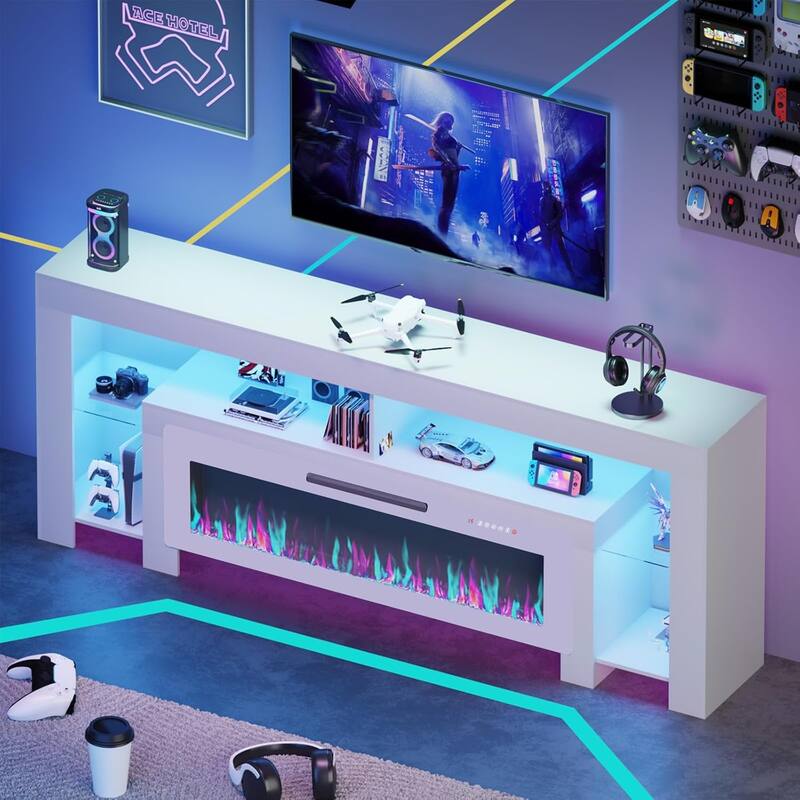 BOSSIN 82" Fireplace TV Stand with 50" Fireplace, Entertainment Center for TVs Up to 90", Console Cabinet With LED Light