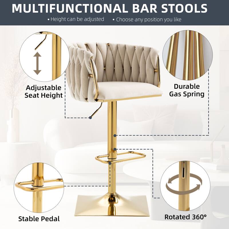 Velvet 360 Swivel Adjustable Height Lifting Vintage Bar Stools(set of 2) with Footrest