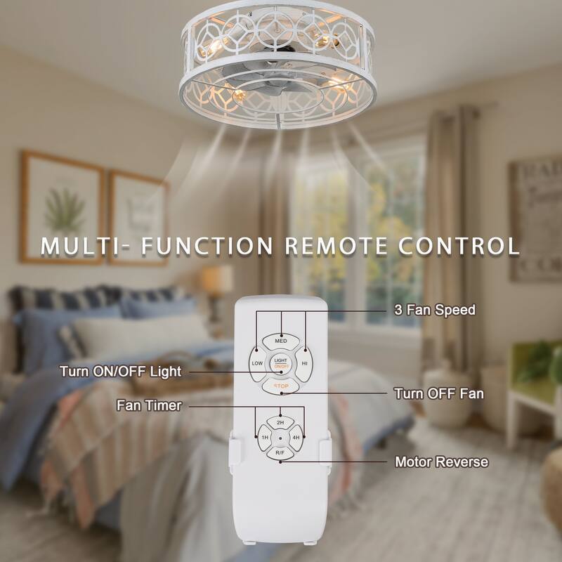 20" Vintage Cream White Caged Light Ceiling Fan, Flush Mount Drum Shaped Classic Ceiling Fan for Bedroom