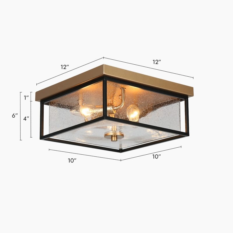 3-Light Modern Black Gold Square Flush Mount Ceiling Light with glass shade - 12" L x 12" W x 6" H
