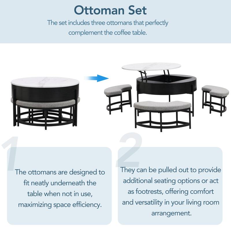 31.50" Elegant Round Lift-Top Coffee Table Set with Hidden Storage & 3 Nesting Ottomans, Modern Living Room Center Table