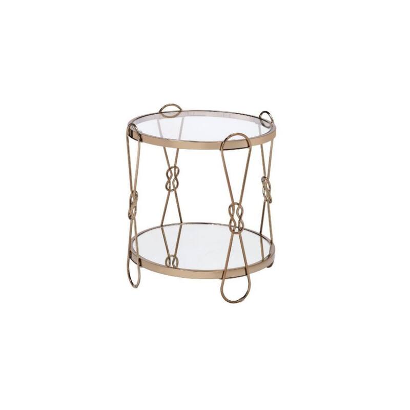 23" Round Mirrored Glass End Table with Shelf and Champagne Metal Frame for Living Room Decor - 20"Dia x 23"H
