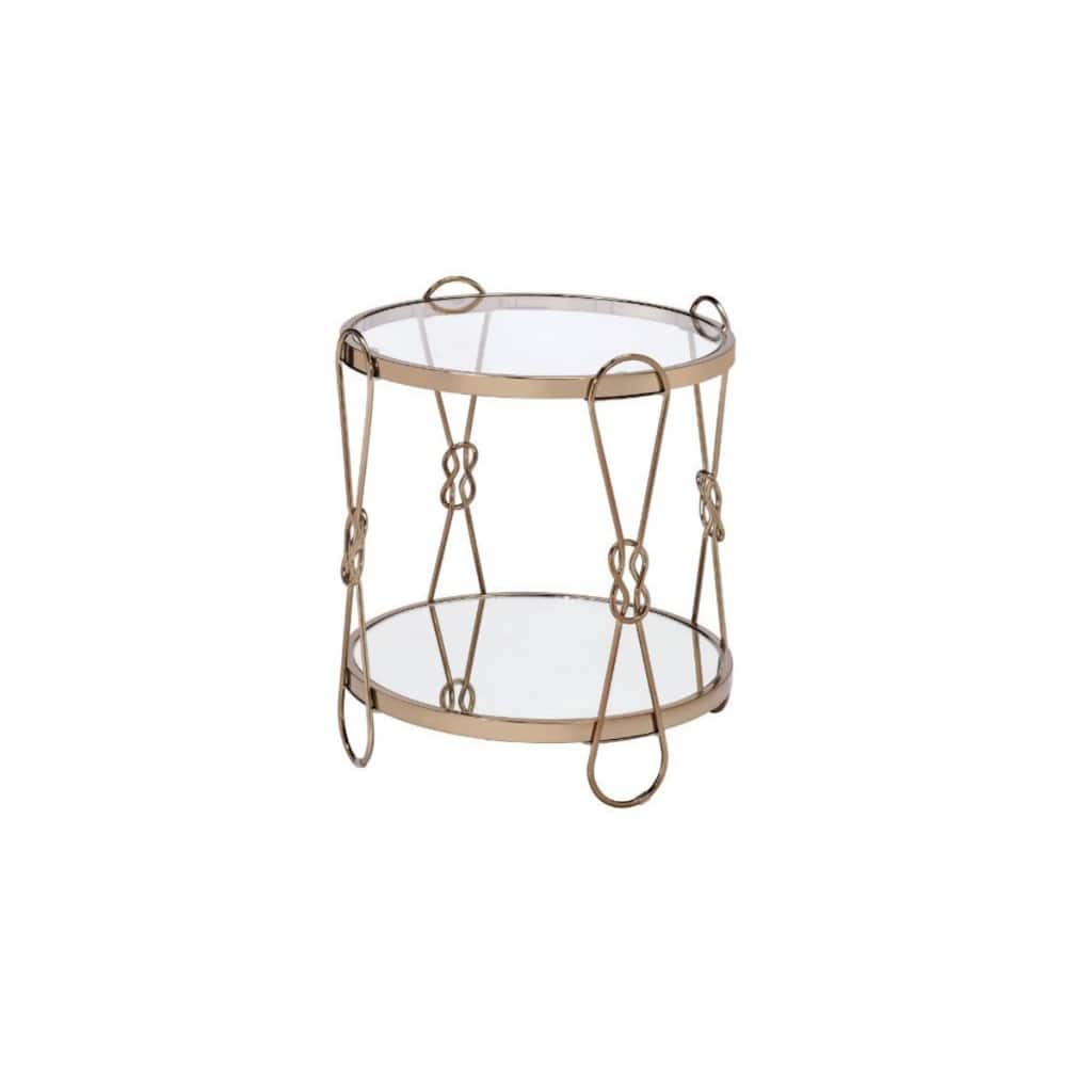 23" Round Mirrored Glass End Table with Shelf and Champagne Metal Frame for Living Room Decor - 20"Dia x 23"H