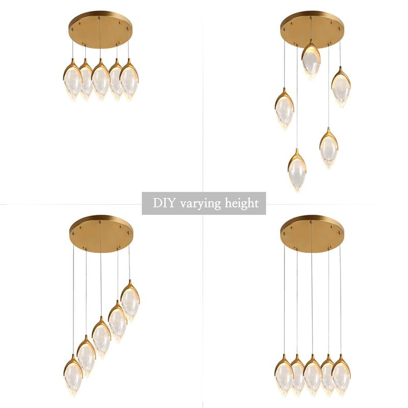 Modern LED Gold 5-Light Cluster Glass Chandelier for Kitchen Island Stairwell