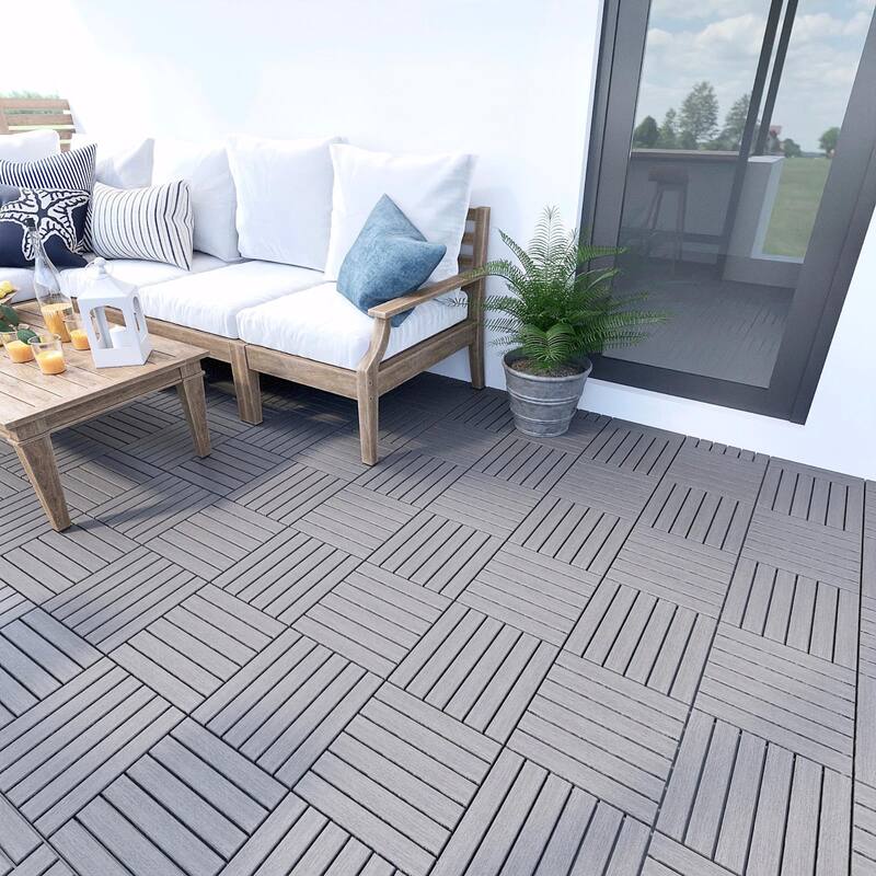 Interlocking Deck Tiles Striped Pattern, 12" x 12" Light Gray Acacia Hardwood Outdoor Flooring