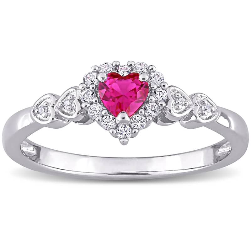 Miadora Sterling Silver Created Ruby and Created White Sapphire Diamond Accent Heart Halo Ring