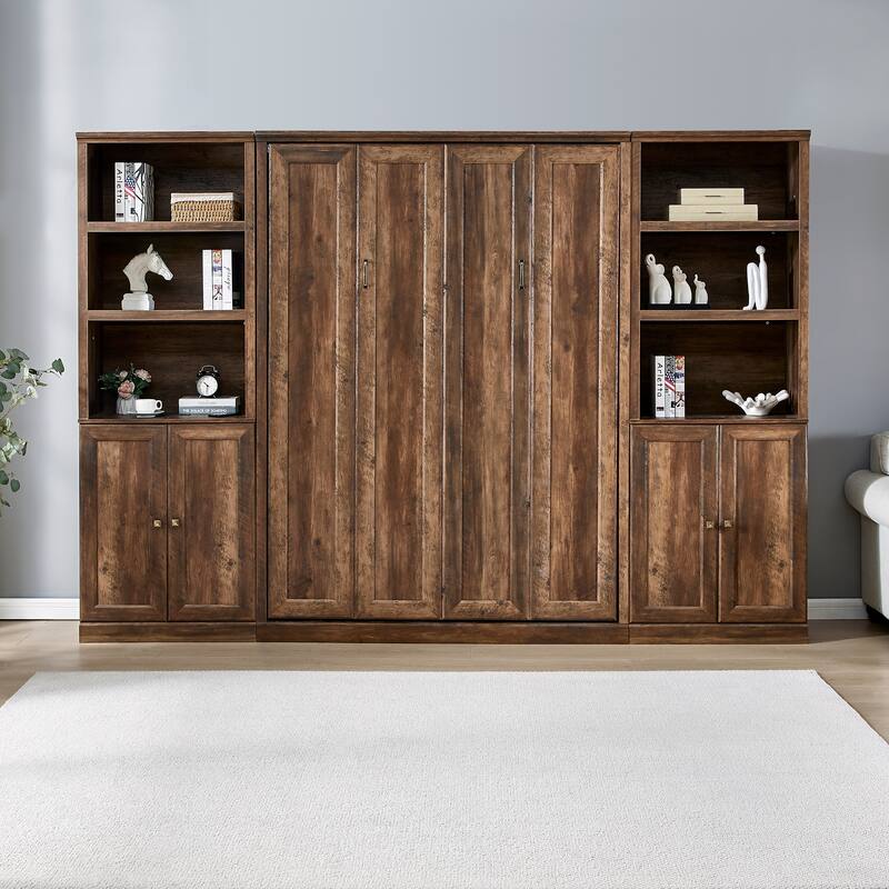 Half Self-Close and Open Murphy Bed with 2 Side Cabinet Storage Shelf - Brown-Two cupboards - Full