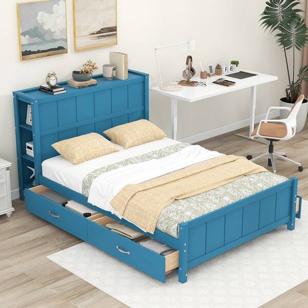 slide 2 of 29, Full Size Platform Kids Bed Frame with Storage Shelves, 4-Drawers & Elegant Headboard for Modern Style and Functionality, Blue Blue