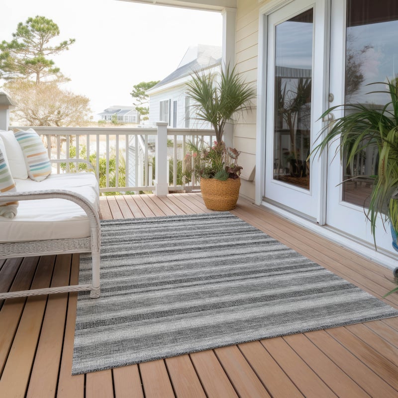 Machine Washable Indoor/ Outdoor Thin Cabana Stripe Chantille Rug - Silver - 8' x 10'